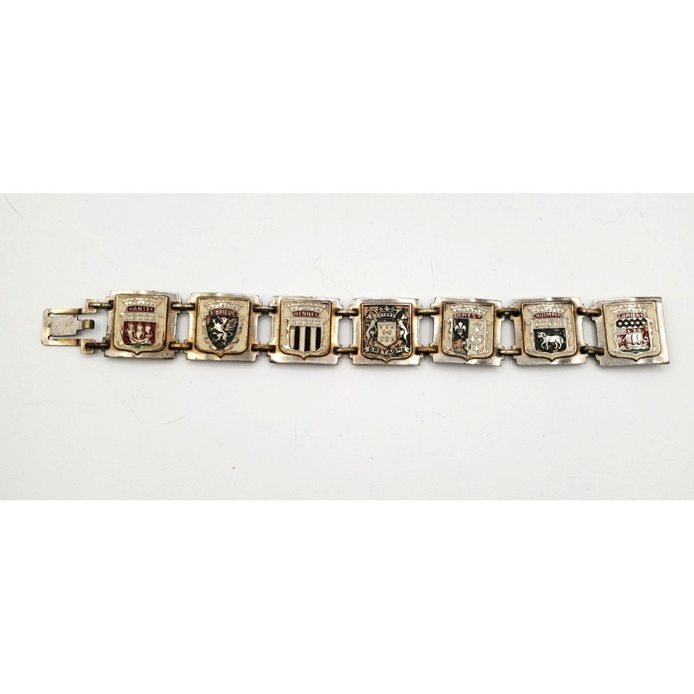 Vintage France Souvenir Bracelet Enamel City Crests Bretagne Heraldic Panels